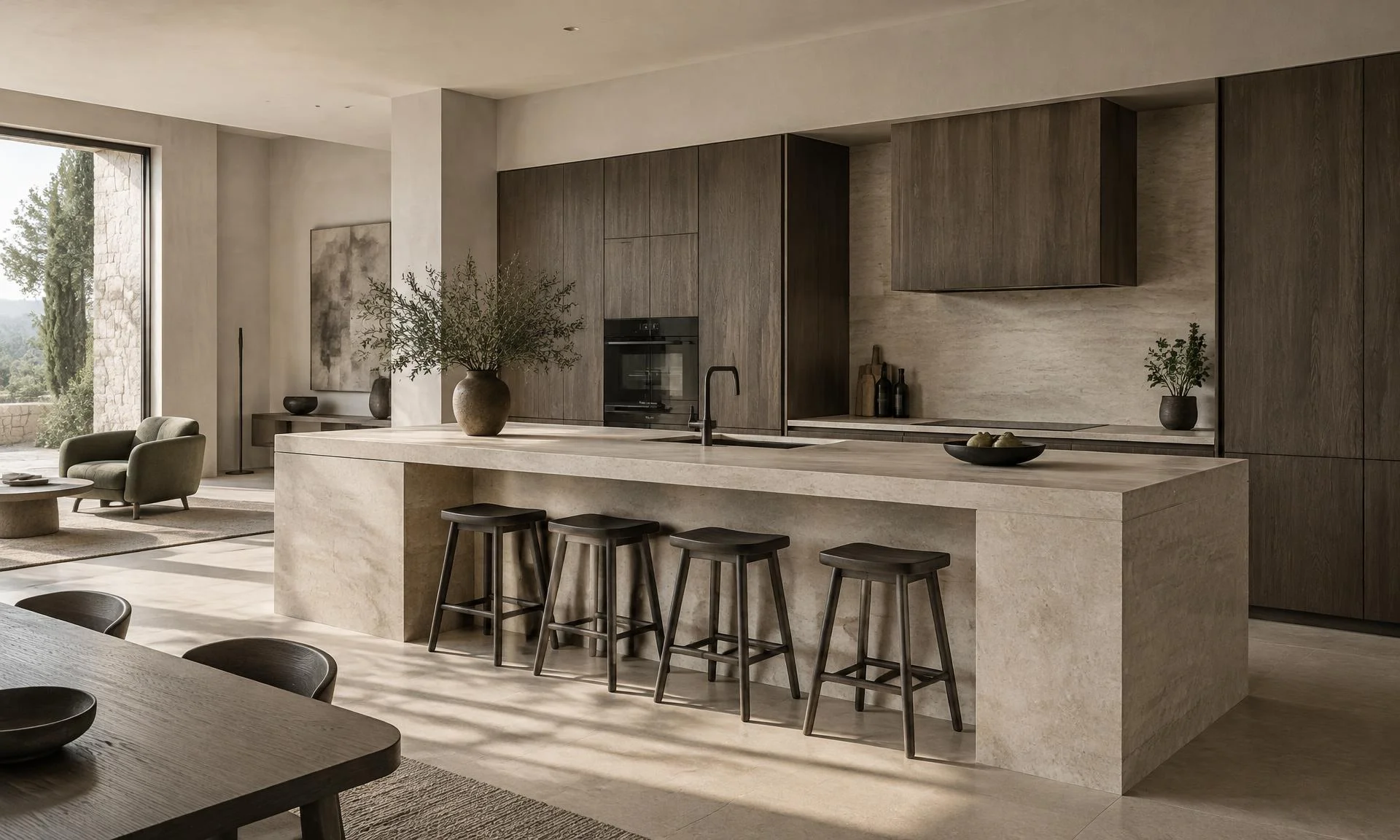 Étude conceptuelle de cuisine ouverte, îlot en pierre et façades en chêne sombre